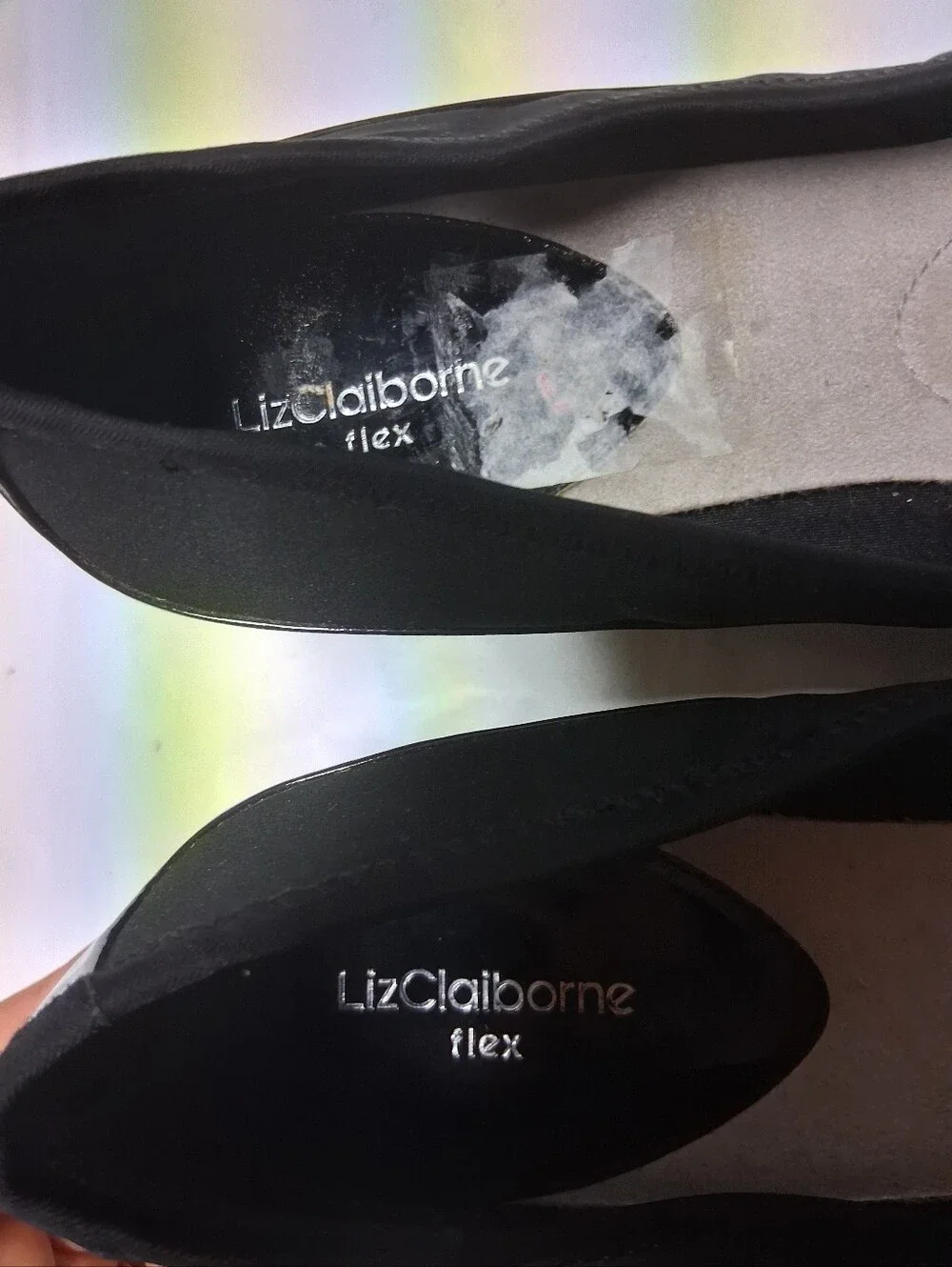 NWOT Liz Claiborne Flex Black Patent and Fabric Wedge Flats Sz 8.5